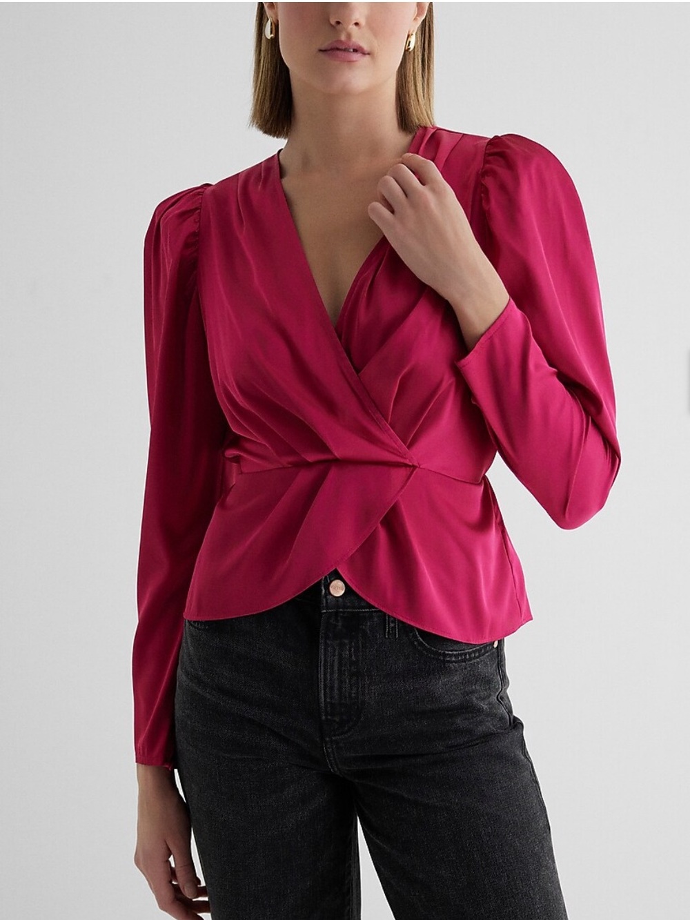 Small Express Satin Puff Shoulder Draped Faux Wrap Peplum Pink Top Office Party